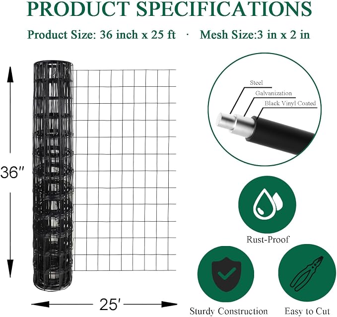 Black PVC Coated Welded Wire Fence 36 Inch x 25 Foot, 2 Inch x 3 Inch 16GA - Image 3