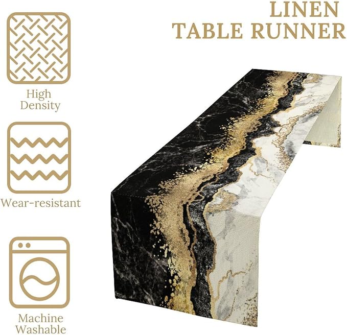 Marble Table Runner, Ink Golden Marble Texture Table Runner - Image 6