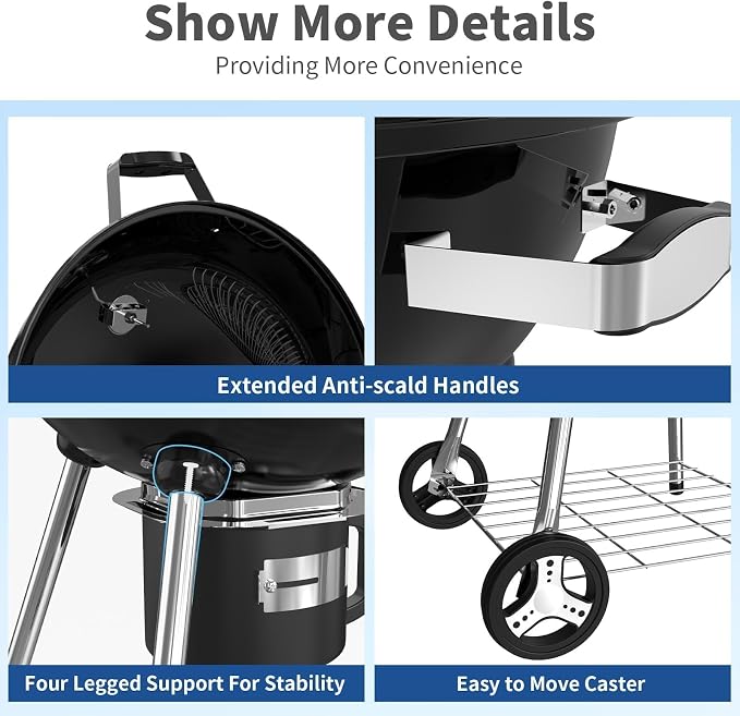 22.5-Inch Portable Charcoal Grill, Heavy Duty Kettle BBQ Smoker - Image 6