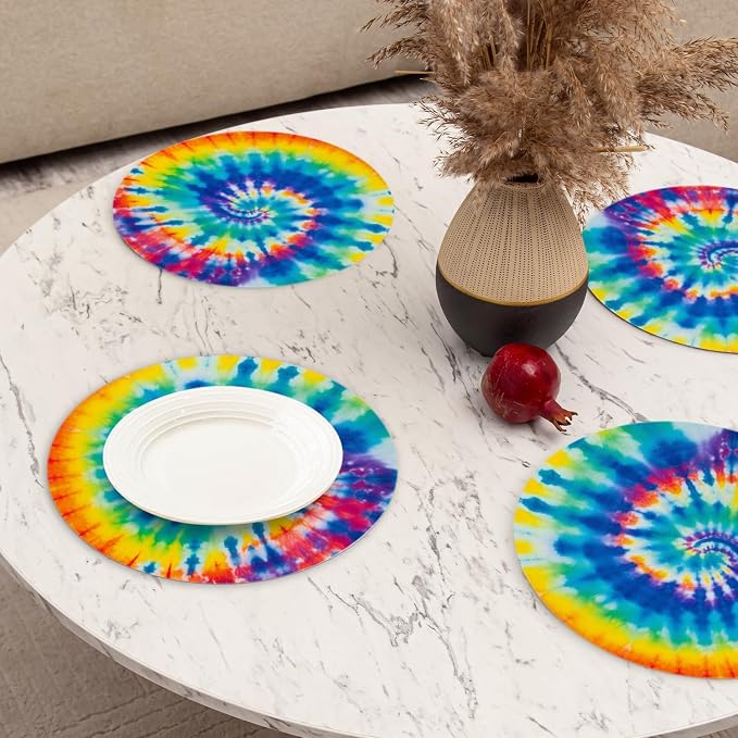 Faux Leather Placemats Set of 4, Colorful Spiral Tie-Dye Ding Table Round - Image 6