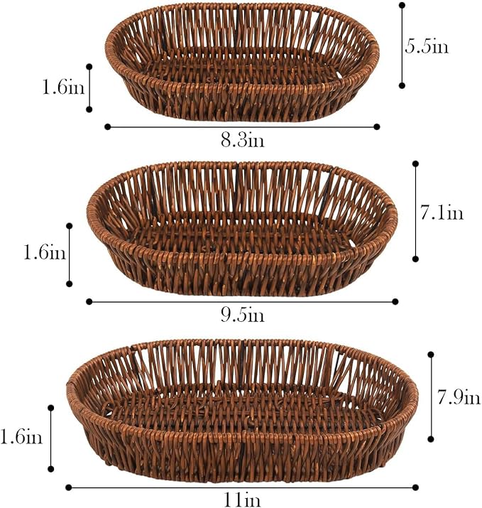 Imitation Wicker Bread Baskets, 3 Pack Rattan Food Serving Basket Handwoven - Image 2