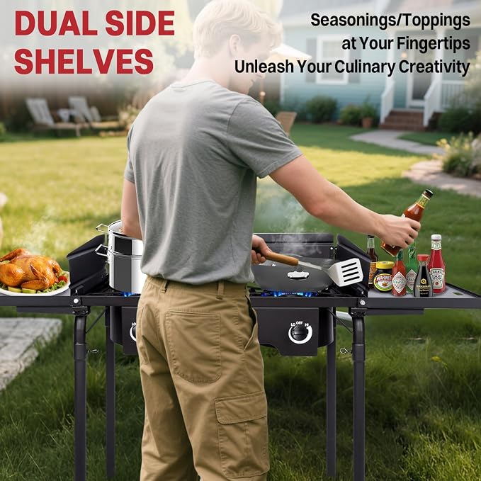 2 Burner Propane Camp Stove | 150, 000 BTU Gas Burners | Side Shelves | - Image 4