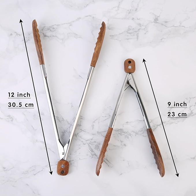Tongs Set, Walnut Wood, 9 and 12 Inch, Stainless Steel Spring
