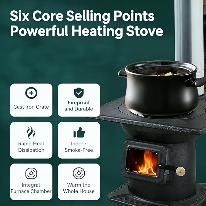 Wood Burning Stove with Chimney and Heat Shield, Outdoor Portable Heater - Image 3