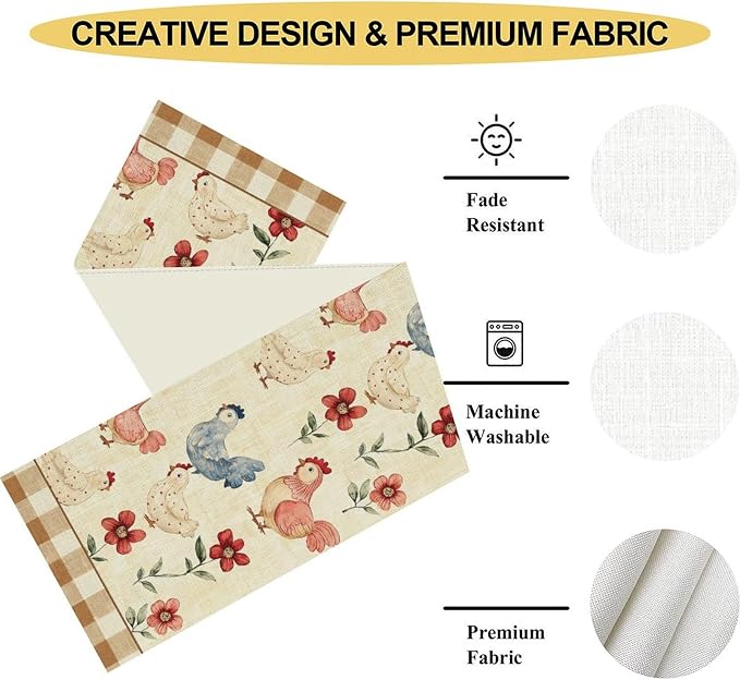 Farmhouse Rooster Table Runner, Rustic Farm Chicken Brown Plaid Flower Plant - Image 5
