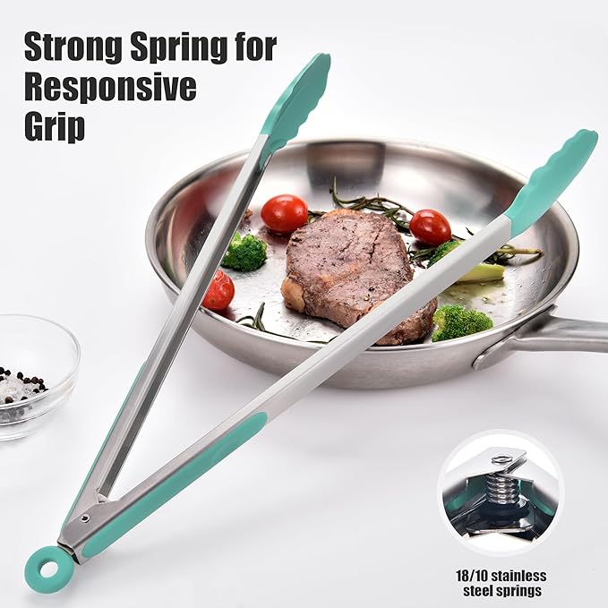 Stainless Steel Kitchen Tongs with Silicone Tips, 17.2 Inch, Aqua Sky