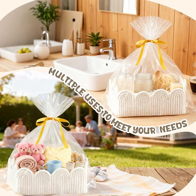 2 Pcs Small White Scalloped Wicker Hand-Woven Rattan Baskets - Image 5