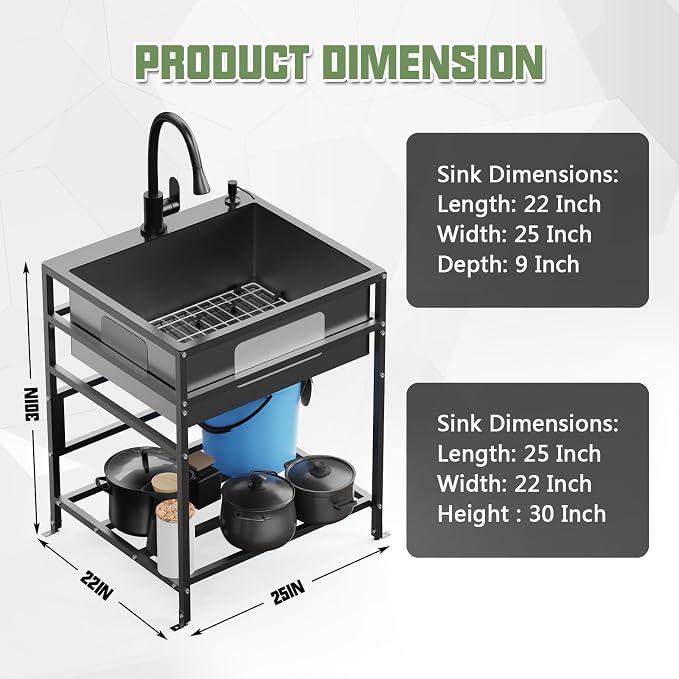 Black 25x22 Inch Freestanding Utility Sink-Stainless Steel Laundry Sink - Image 5