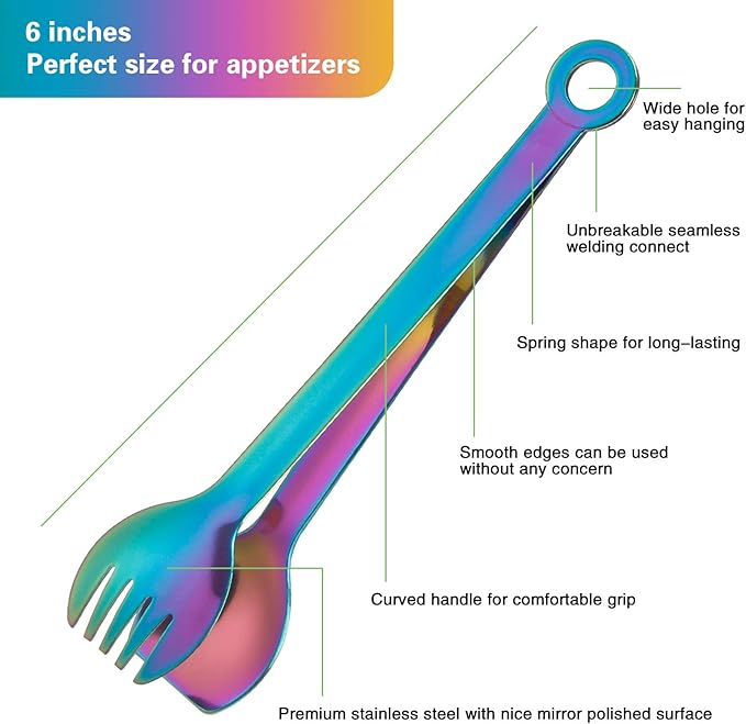 Tongs - 6-Inch Rainbow Stainless Steel Fork and Spoon Style
