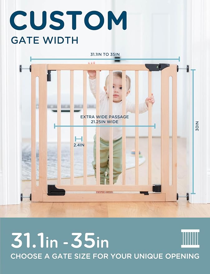 SizeWise™ Wood Pressure Mounted Safety Gate 31.1"-35" | Extra-Wide Passage | - Image 2