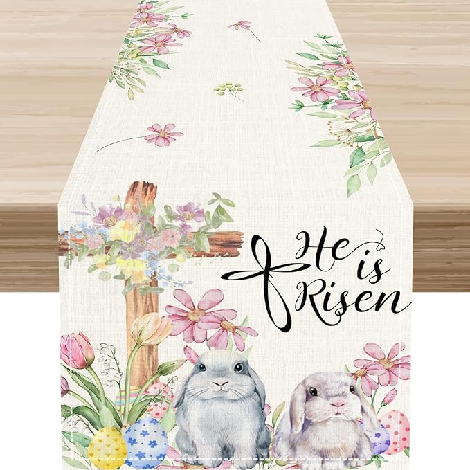 Easter Bunny Rabbits Table Runner, Boho Floral Cross Rabbits Easter Eggs Spring by Unknown