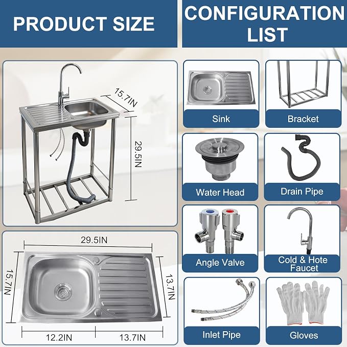 Outdoor Sink with Hose Hook Up, Free Standing Stainless Steel Utility Sink - Image 2