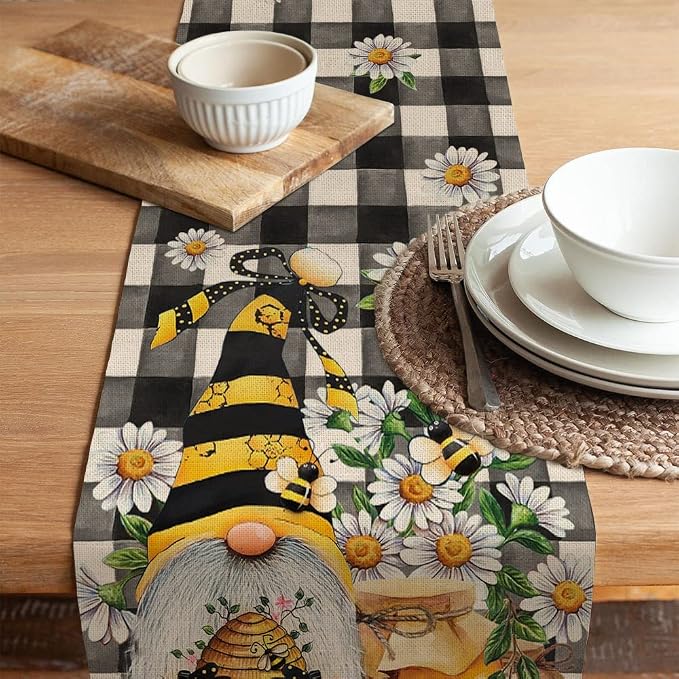 Seliem Spring Bee Gnome Table Runner, Honey Black White Buffalo Plaid Check - Image 4