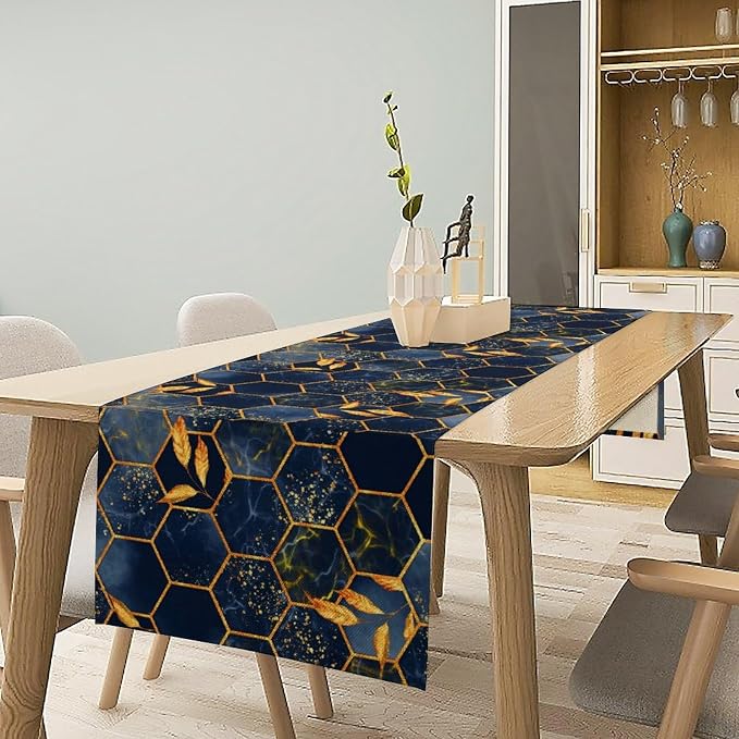 Marble Table Runner, Dark Blue Gold Modern Marble Leaf Aesthetic Geometric - Image 3