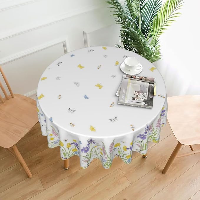 Spring Easter Round Tablecloth 60 Inch, Bunny Colorful Flower Butterfly - Image 2