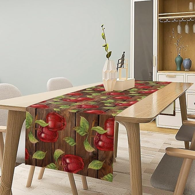 Sweet Apples Table Runner, Fresh Apples Fruit Rustic Wooden Background Table - Image 3