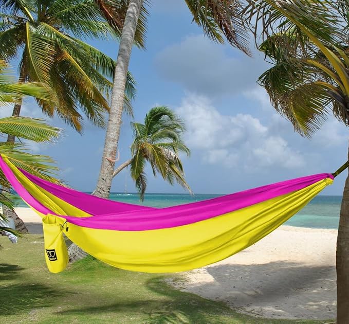 Double Camping Hammock, 125 x 79 in Parachute Nylon, Yellow and Pink