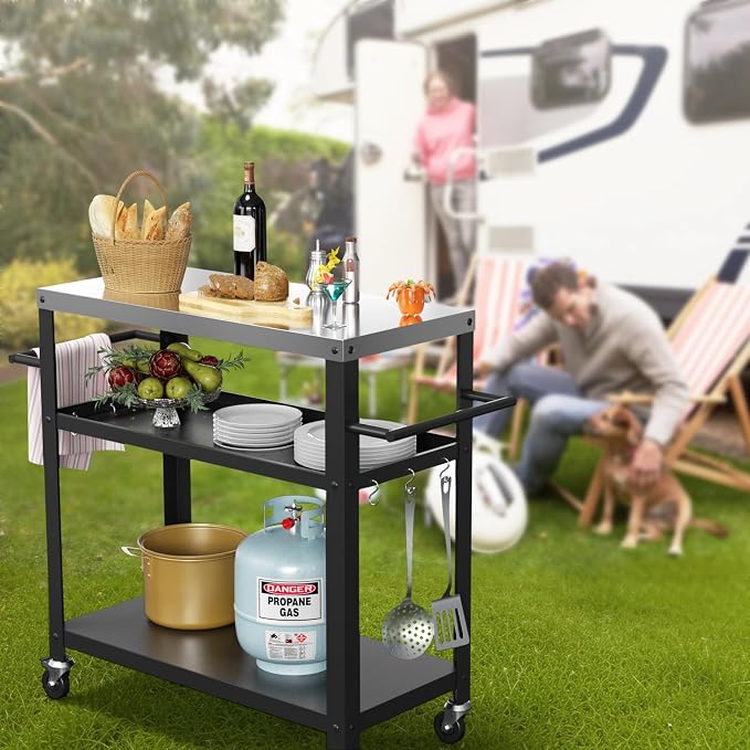 Outdoor Grill Cart with Three-Shelf, Stainless Steel Pizza Oven Table - Image 7