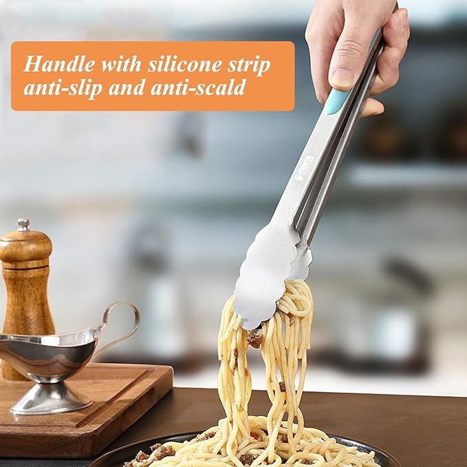 Cooking Tongs, 12-Inch Stainless Steel, Midnight Blue with Locking Ring