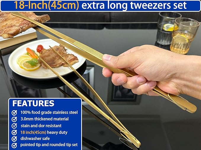 Tongs 18 Inch Stainless Steel Grilling Tweezers, Set of 2, Gold
