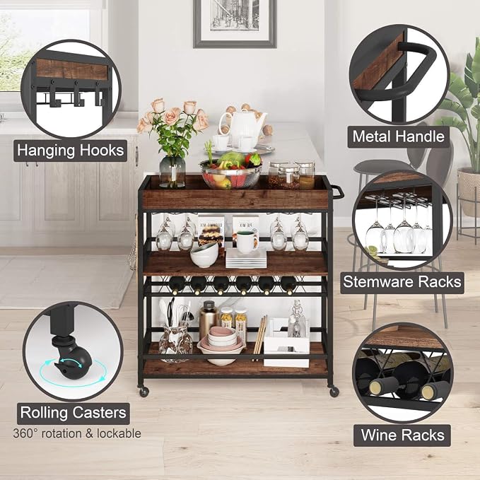 BON AUGURE Bar Cart for The Home, Rolling Home Bar Serving Cart on Wheels - Image 3