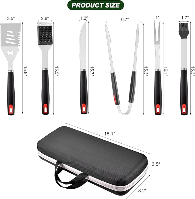 Barbecue Tool Set, 6-Piece Stainless Steel Grilling Accessories with Long Handles