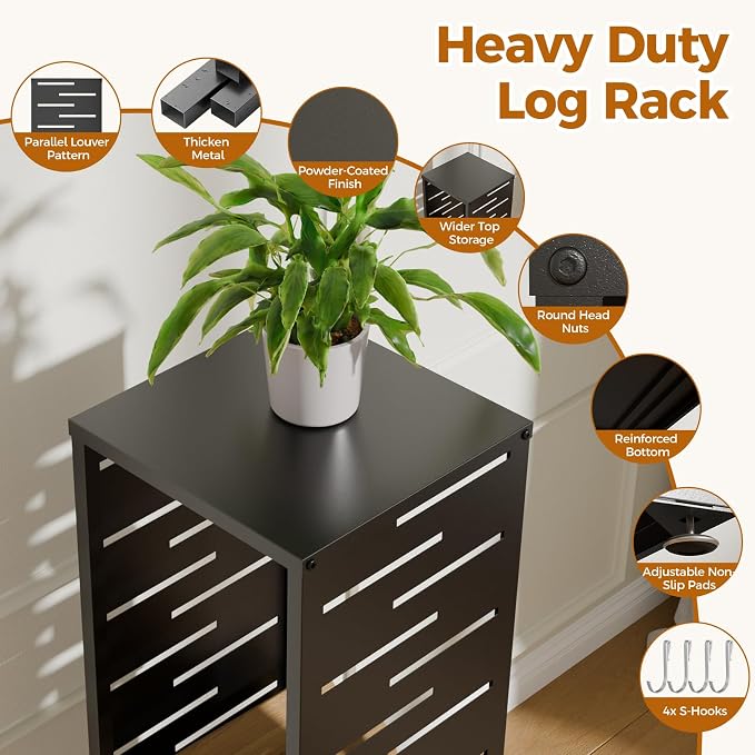 4ft Firewood Rack with Louver Pattern, Fire Wood Rack Log Holder with Hooks - Image 9