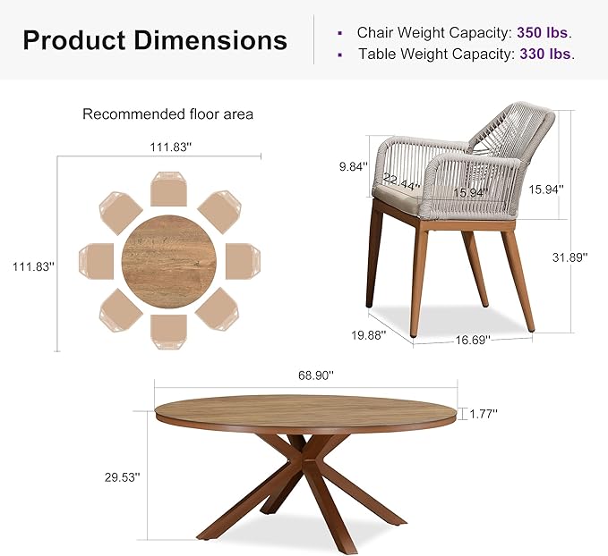PURPLE LEAF 9 Pieces Patio Round Dining Set Aluminum Round Table and Rattan Arm - Image 9