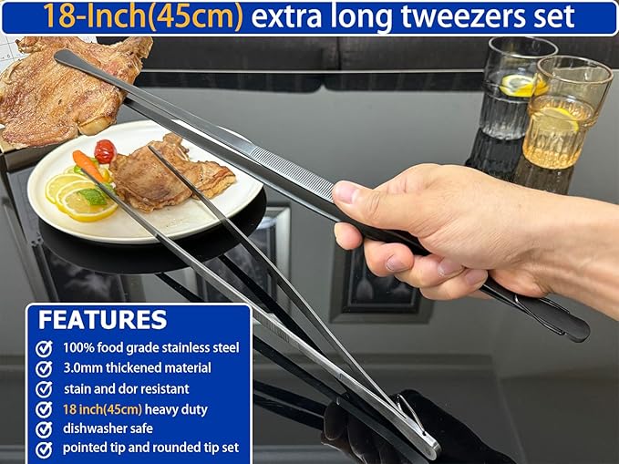 Tongs 18 Inch Stainless Steel Grill Tweezers, Black, 2-Piece Set