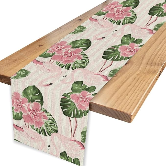Tropical Table Runner, Retro Flamingo Hawaii Summer Palm Leaves Flower Stripes - Image 6