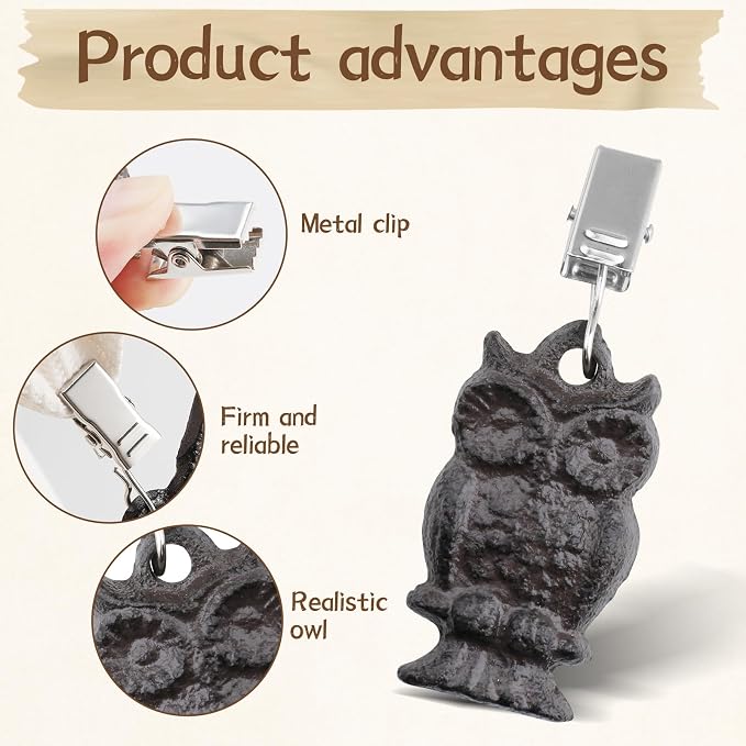 Black Cast Iron Antique Owl Tablecloth Weights Clip on Set of 8, Heavy Duty - Image 5