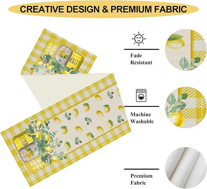 Lemon Table Runner, Farmhouse Yellow Buffalo Plaid Seasonal Summer Spring - Image 4
