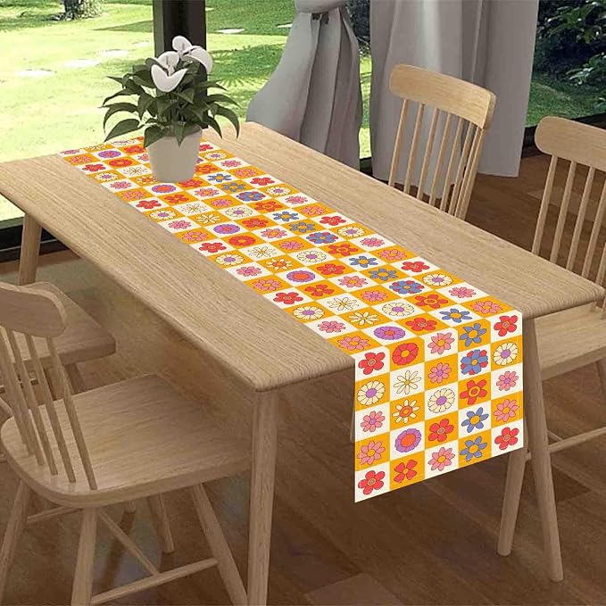 70s Table Runner, Retro Groovy Hippie Daisy Floral Colorful Checkered Funky - Image 2