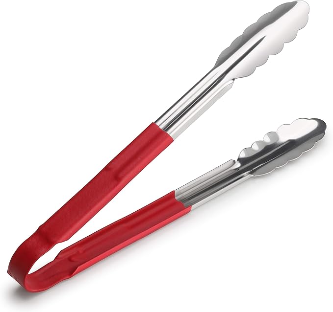 Tongs in Polished Stainless Steel with Red Vinyl Handles, 12 Inch