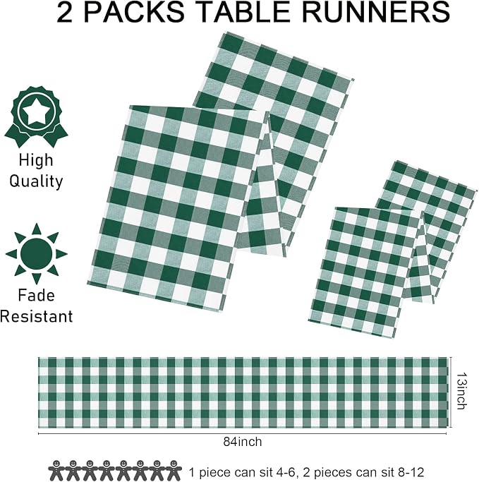 Green Plaid Table Runner 2 Packs 13 x 84 inch Buffalo Check Table Runner St. - Image 3