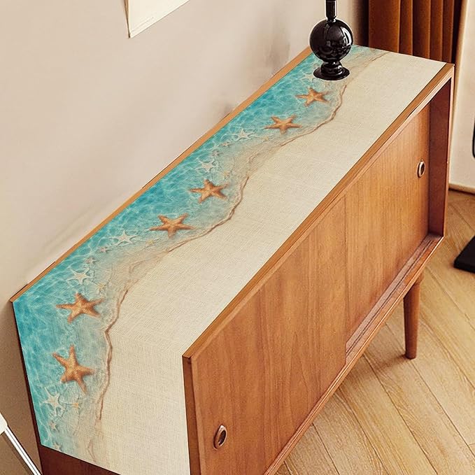 Summer Ocean Starfish Table Runner, Tropical Coastal Blue Sandy Clear Sea Water - Image 3