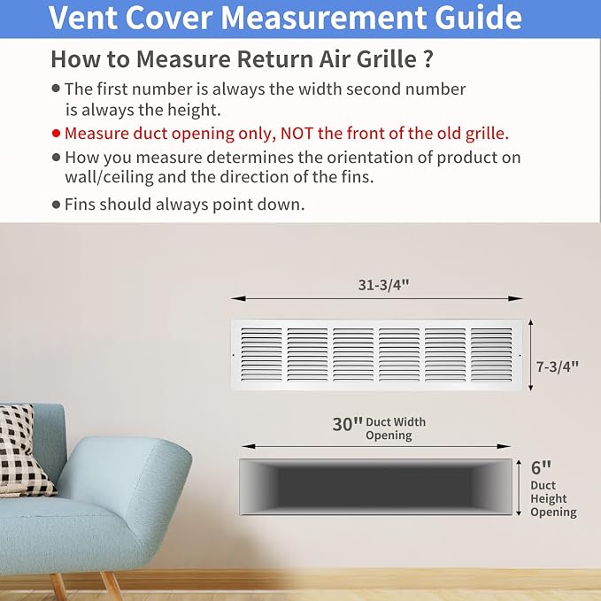 30"W x 6"H Steel Return Air Grille, Air Return Vent Cover - Image 5