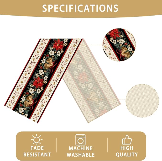 Christmas Bells Table Runner Burlap Kitchen Dining Linen Table Decoration - Image 4