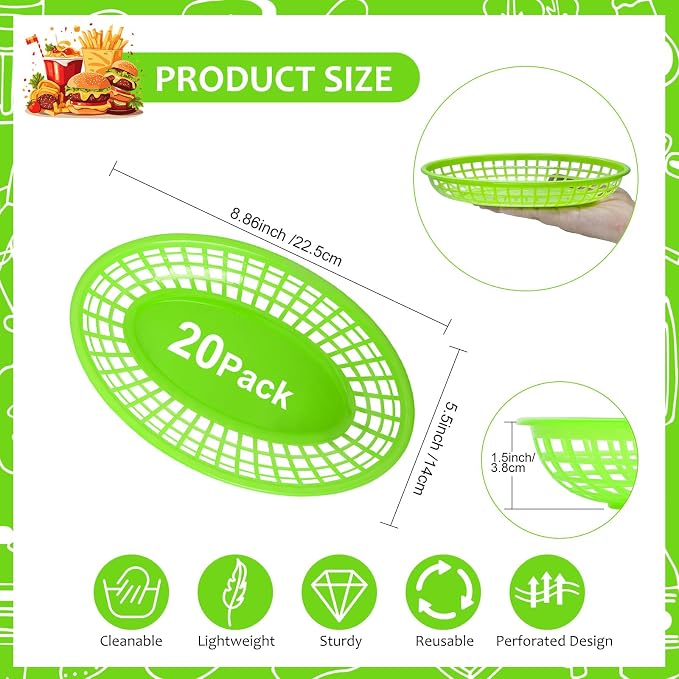 20 Pack Plastic Fast Food Baskets, 8.8" × 5.5" Small Oval Restaurant Serving - Image 2