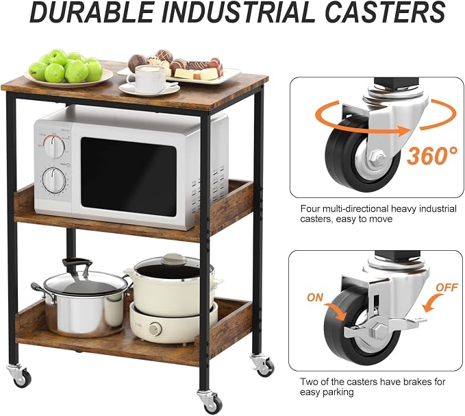ASTARTH Kitchen Microwave Cart, 3 Tier Rolling Utility Cart on Wheels Coffee - Image 6