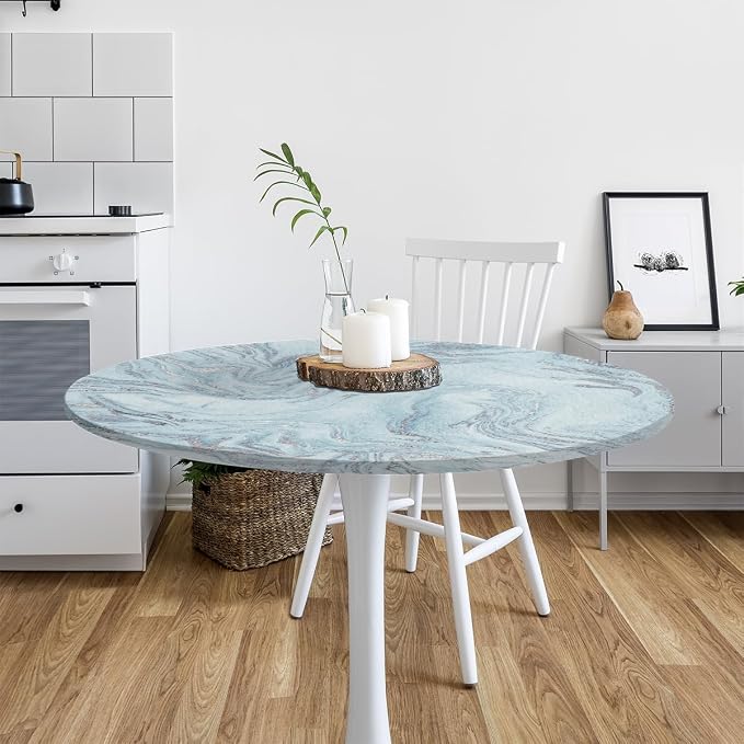 Blue Silver Marble Pattern Round Table Cloth Cover, Elastic Edge Waterproof - Image 6
