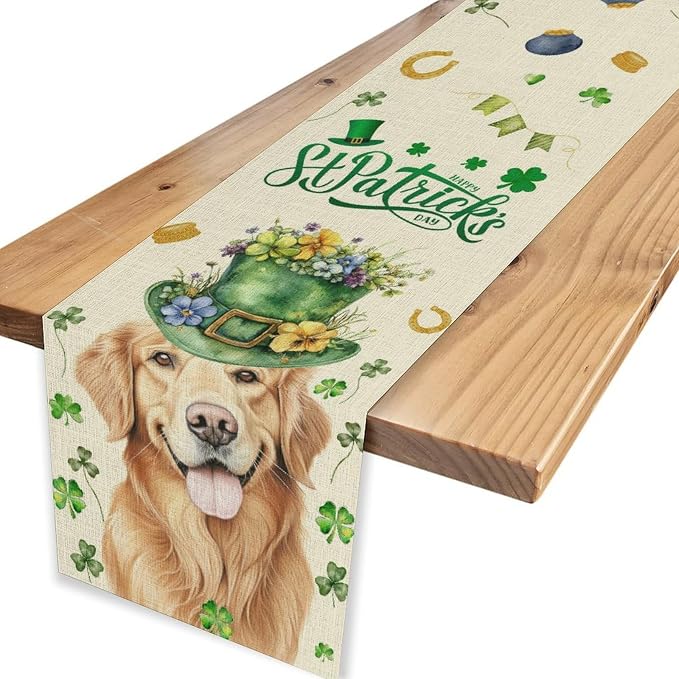 St.Patrick's Day Table Runner, Sharmrock Dog Hat Golden Retriever Beige Rustic - Image 6