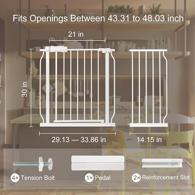 Baby Gate for Stairs No Drill 43.31-48.03 Inch, Pressure Mounted Metal Child - Image 2