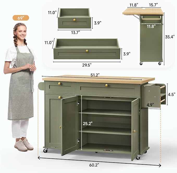 60" Kitchen Island with Power Outlet & Drop Leaf, Kitchen Rolling Island with - Image 2