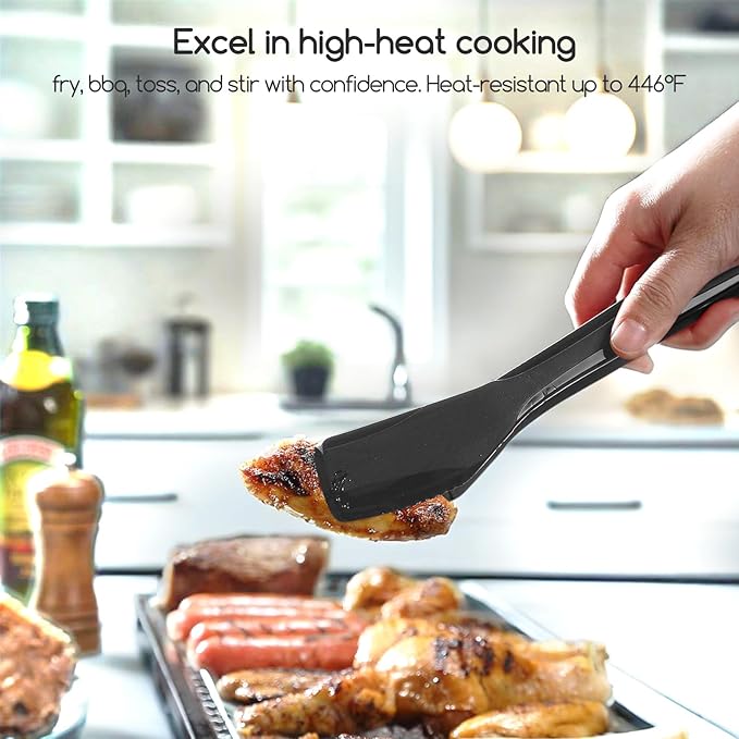 Tongs, 11 Inch Black Silicone Tip Stainless Steel Kitchen Tongs, 2-Pack