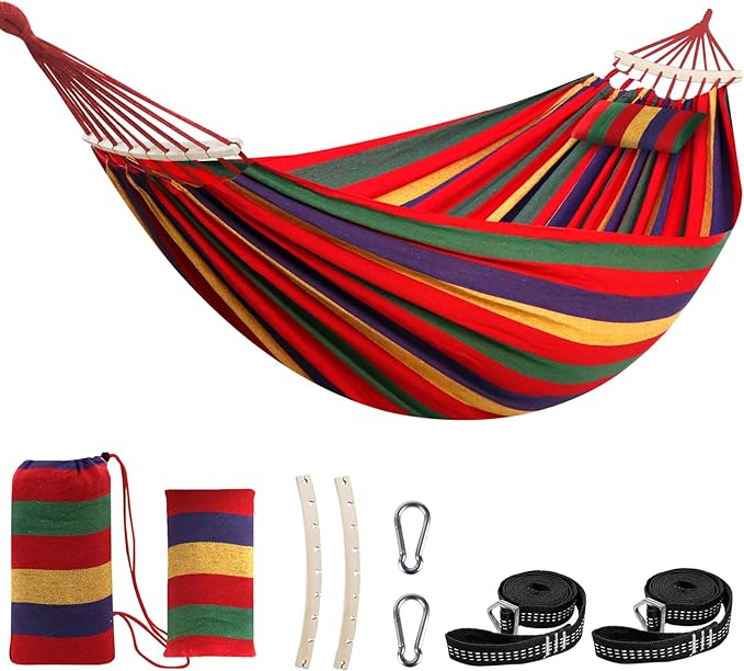 Hammocks Red Striped Cotton with Spreader Bars and Pillow