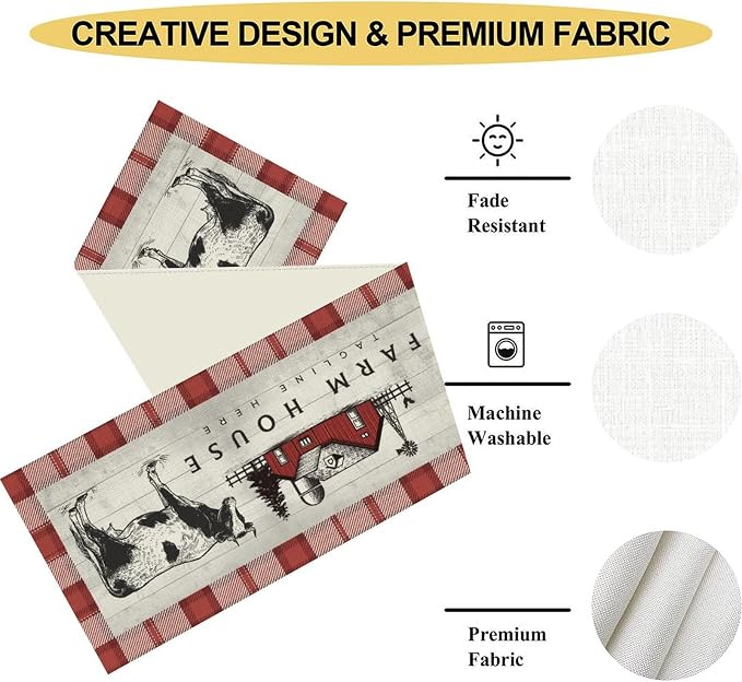 Farmhouse Cow Table Runner, Rustic Red Plaid Animals Buffalo Coffee Table - Image 5