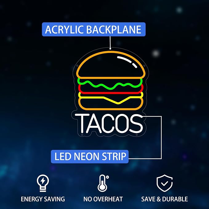 Tacos Neon Sign for Wall Decor, Hamburger Led Signs, Dimmable Neon Light Sign - Image 2
