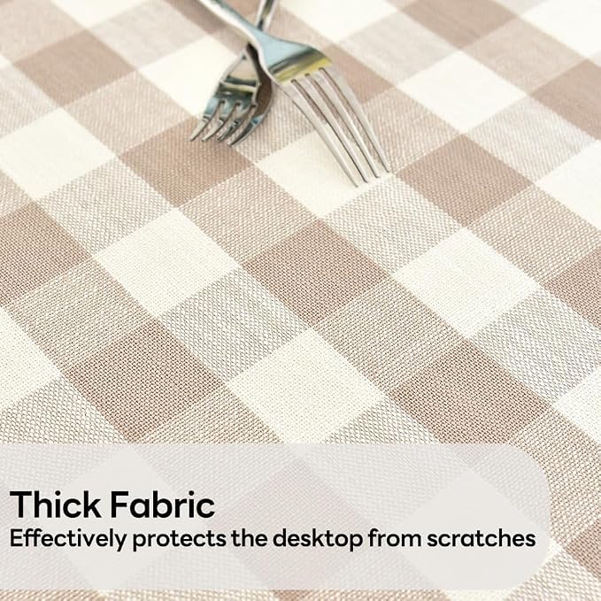 Gingham Table Cloth for Round Tables Beige Checkered Plaid Tablecloth Heavy - Image 3