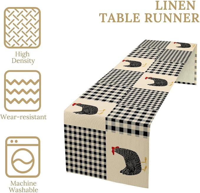 Farm Animal Table Runner, Chicken Hen Black White Buffalo Plaid Check Farmhouse - Image 6